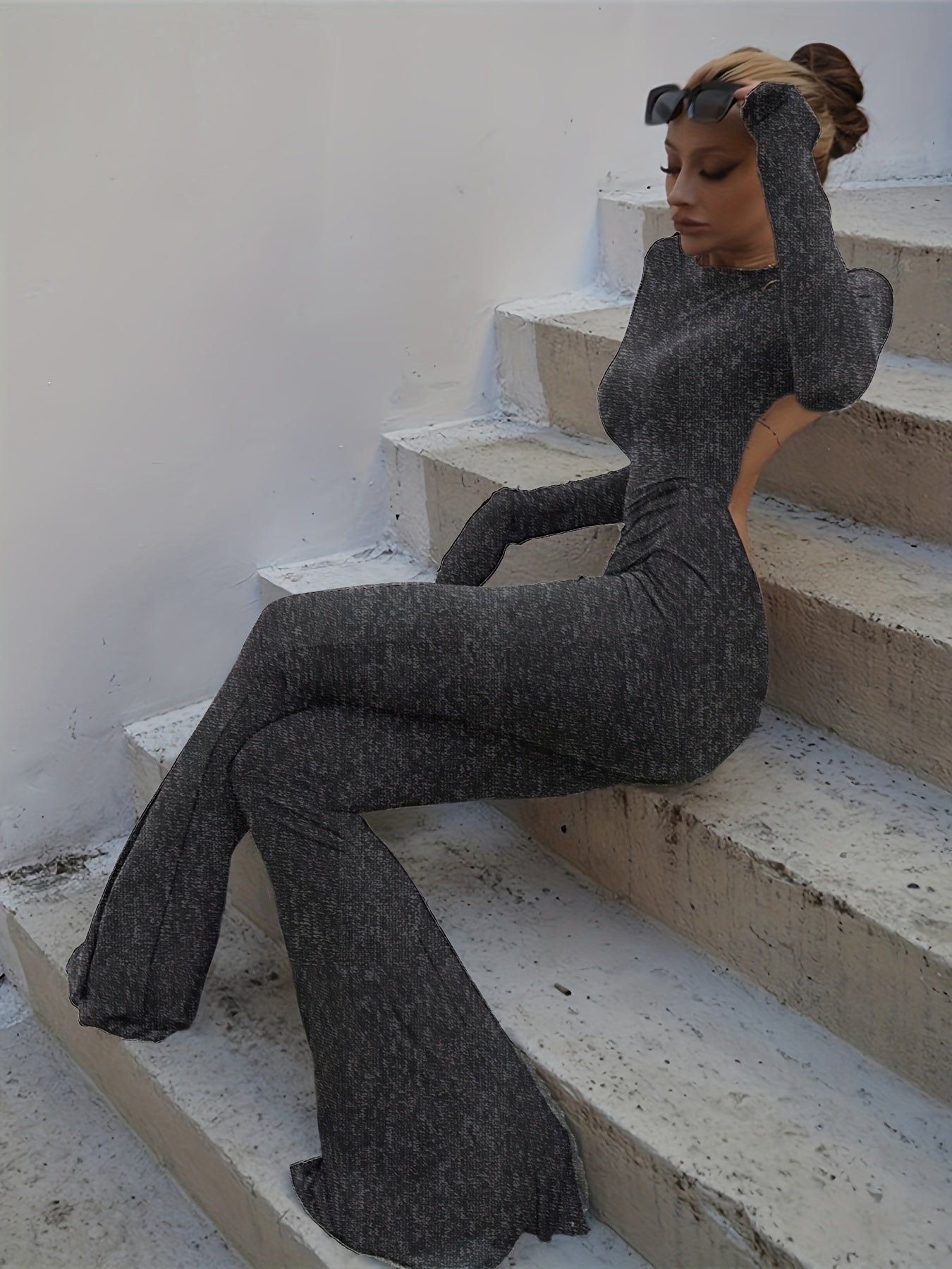Backless Flared Leg Jumpsuit Sexy Long Sleeve Crew Neck Jumpsuit