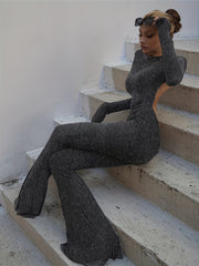Backless Flared Leg Jumpsuit Sexy Long Sleeve Crew Neck Jumpsuit