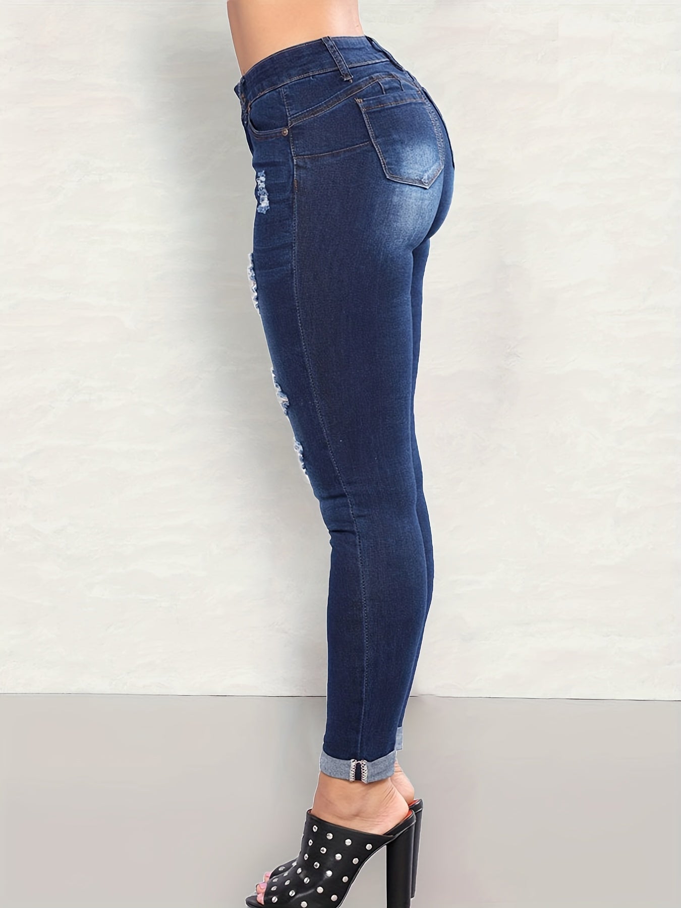 Ripped Holes Skinny Jeans Slim Fit Slash Pockets Stretch Curvy Denim