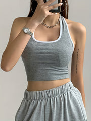 Y2K Halter Neck Crop Top Backless Contrast Trim