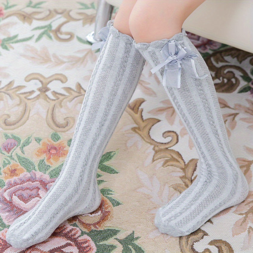 Girls Sweat Solid Twist Knit Bow Knee High Socks Pink Tube Stocking