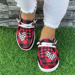 Love Red Grid Boat Shoes Women's Versatile Shallow Mouth Casual Sneakers