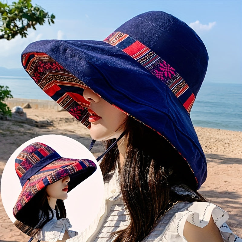 Vintage Boho Reversible Sun Hat Wide Brim UV Protection Summer Bucket Hat