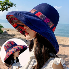 Vintage Boho Reversible Sun Hat Wide Brim UV Protection Summer Bucket Hat