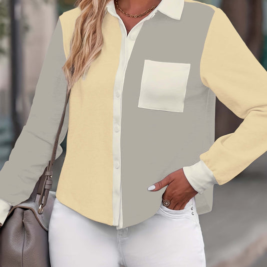 Colorblock Button Up Long Sleeve Blouse