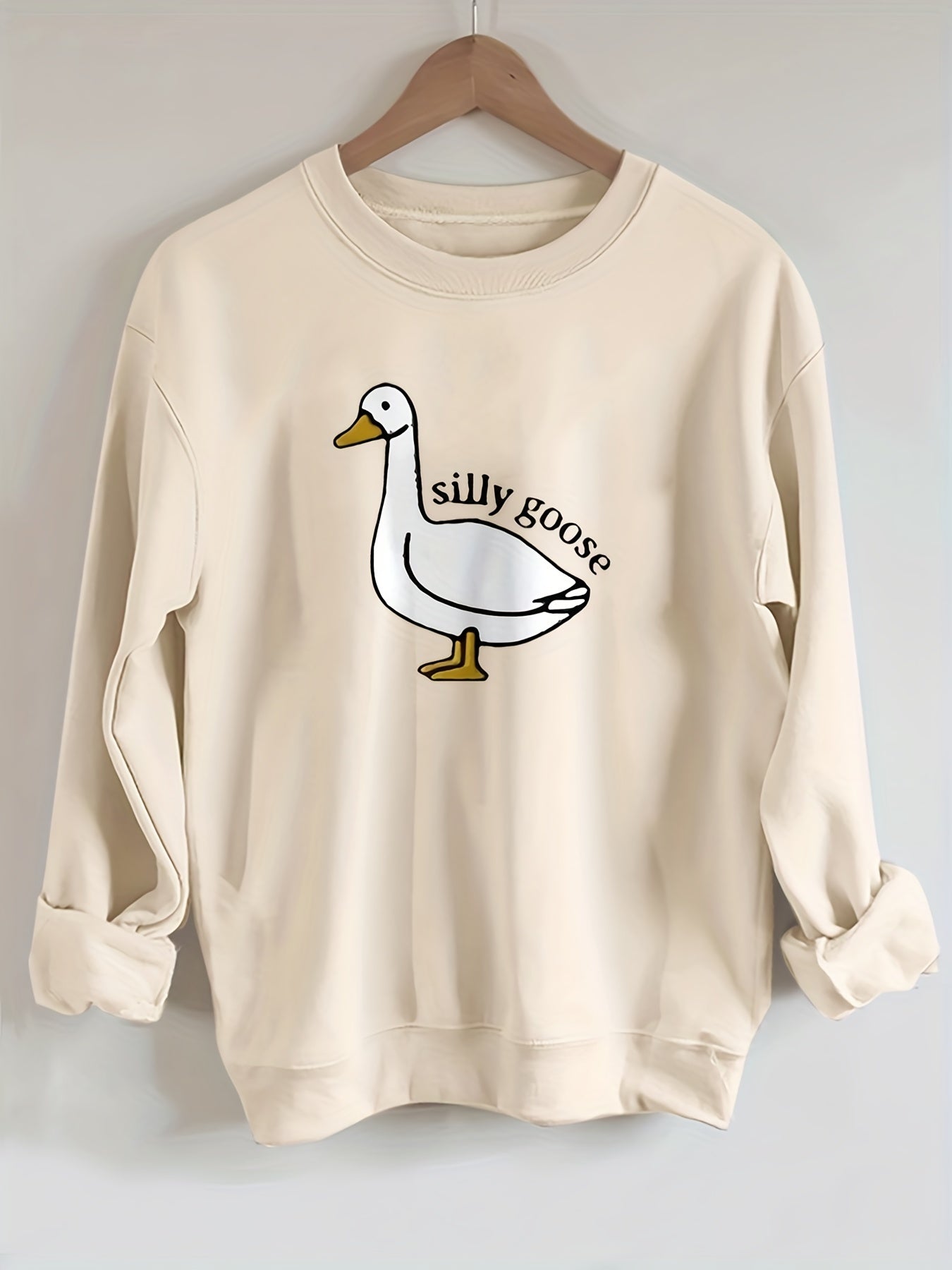 Silly Goose Print Pullover Sweatshirt Crew Neck for Spring & Fall