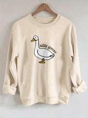 Silly Goose Print Pullover Sweatshirt Crew Neck for Spring & Fall