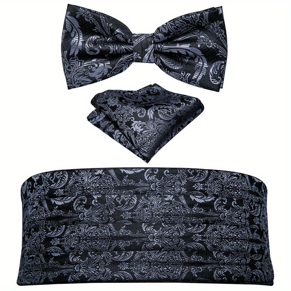 Barry Wang Men's Golden Cummerbund Bowtie Set Silk Paisley Floral