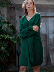 V-Neck Sweater Dress with Belt