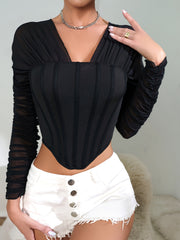 Fishbone Mesh Top Sexy Pleated Sleeve Lingerie