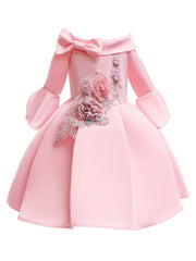 Girls Flower Embroidered Dress Gown One Shoulder Pink
