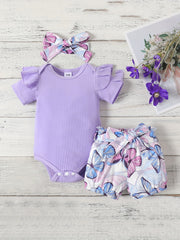 3pcs Baby Girls Short Sleeve Onesie & Butterfly Shorts Set