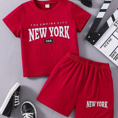 2pcs Toddler Boys Letter YORK Graphic T Shirts & Shorts Set Kids Summer Clothes