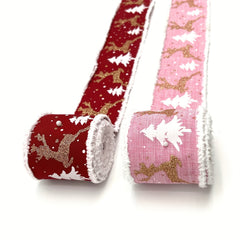 4.57m Pink Christmas Tree Burlap Ribbon with Wired Edge, Elk and Snowflake