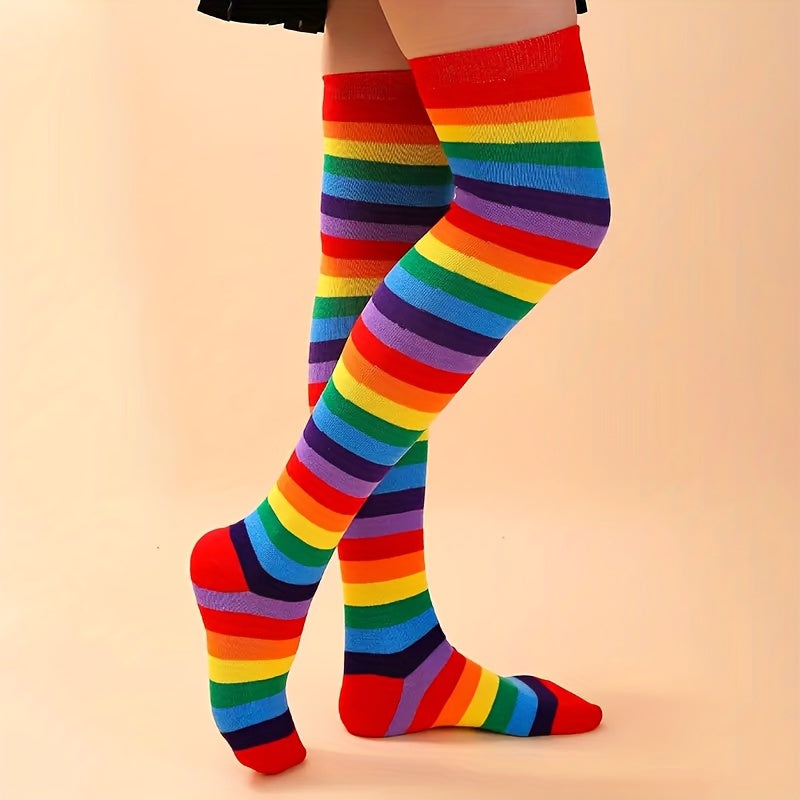 Rainbow Striped Thigh High Socks Cosplay Party Over The Knee Socks