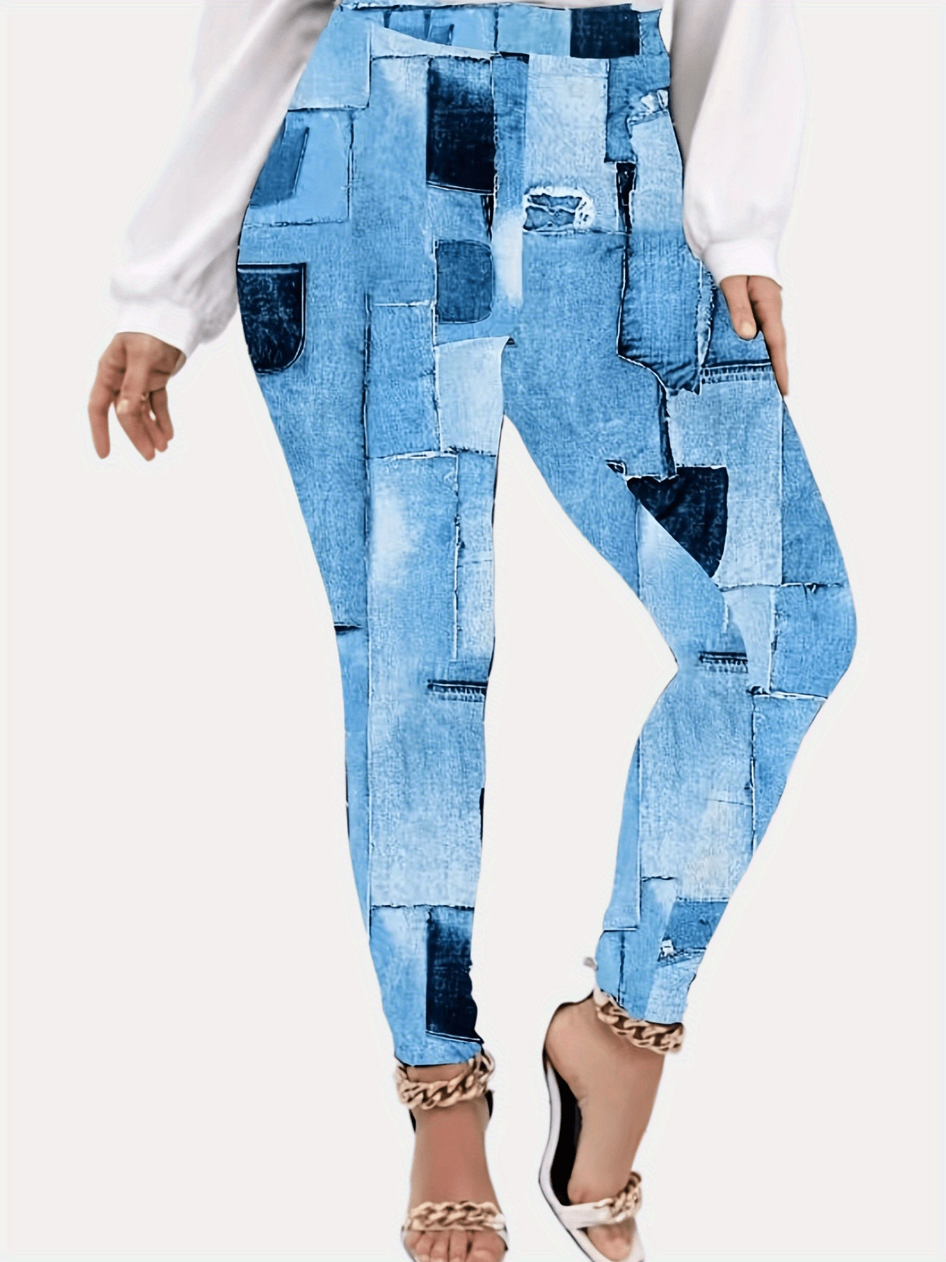 Patchwork Denim Print Plus Size High Rise Leggings