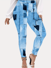 Patchwork Denim Print Plus Size High Rise Leggings