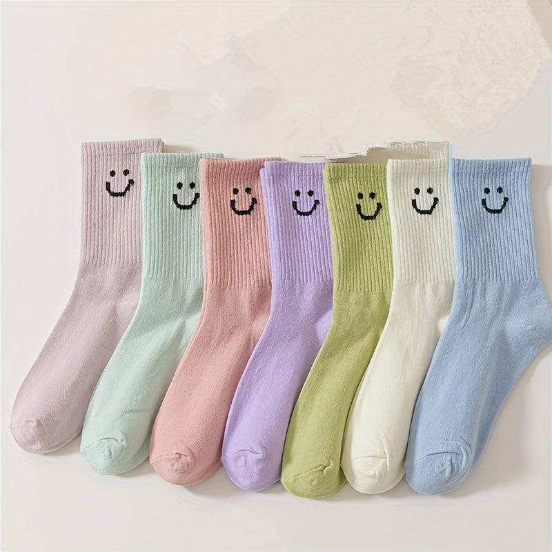 8 Pairs Smiling Face Print Socks Women's Mid Tube Stockings & Hosiery