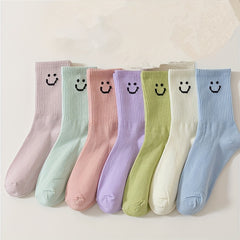 8 Pairs Smiling Face Print Socks Women's Mid Tube Stockings & Hosiery