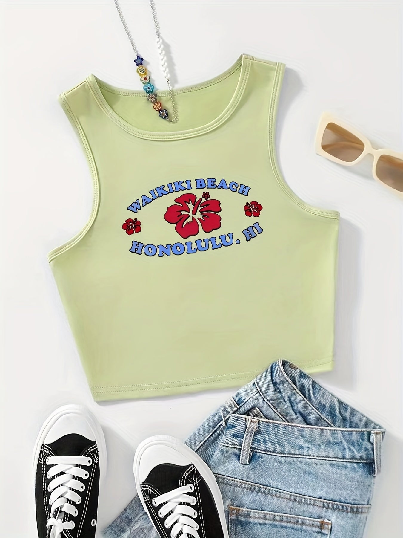 Flower & Letter Print Tank Top Sexy Sleeveless Summer Top