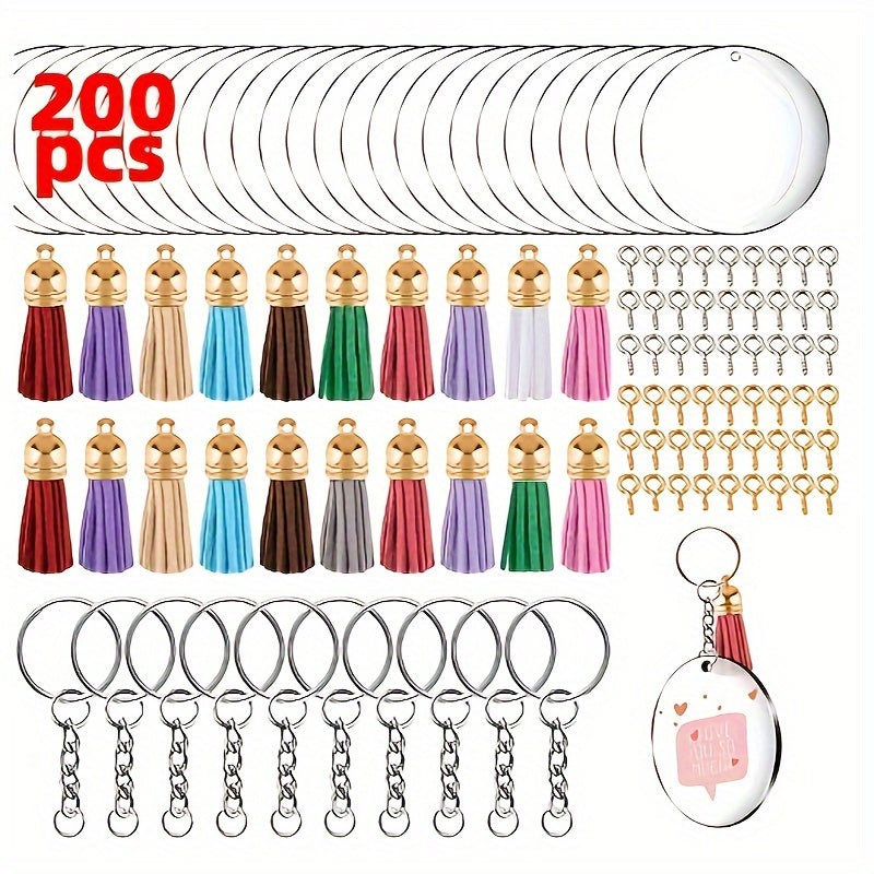 200pcs Acrylic Keychain Pendant with Tassel Decoration Set