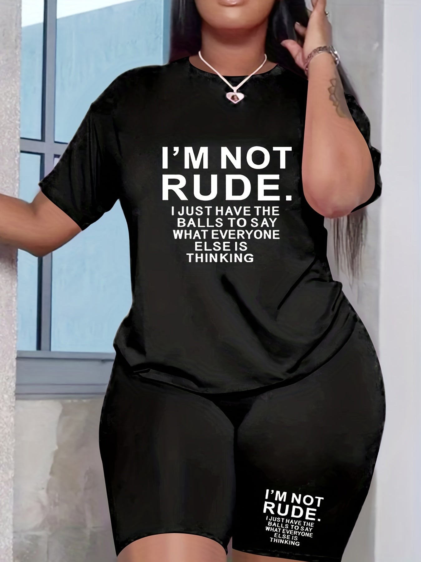 Women's Slogan Print Tee & Shorts Set