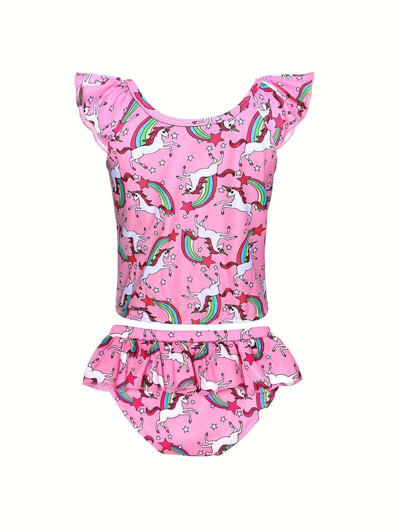 Girls Unicorn Bikini Tankini Swimsuit Ruffle Trim Top & Shorts Set