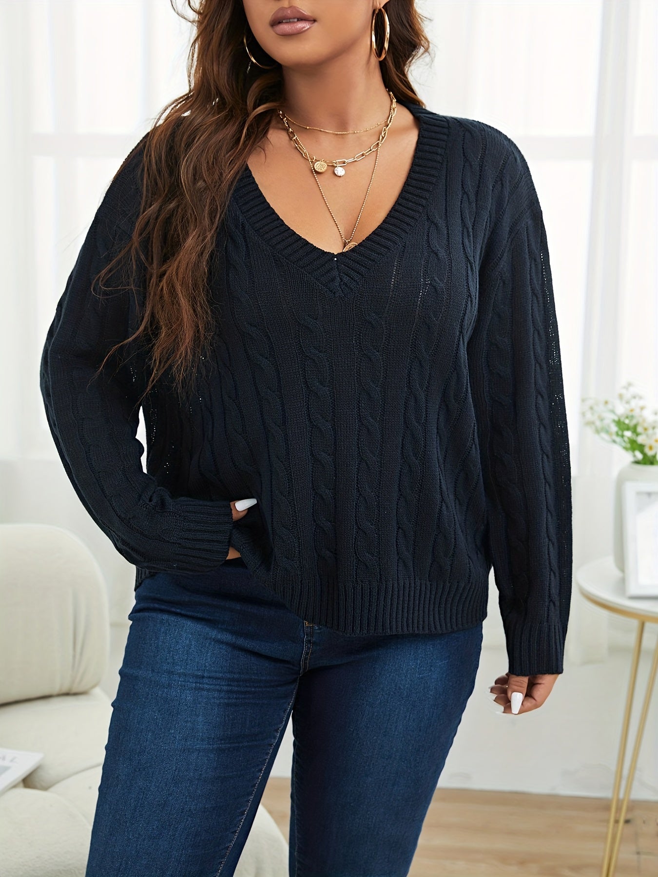 Solid V Neck Sweater - Long Sleeve Jumper