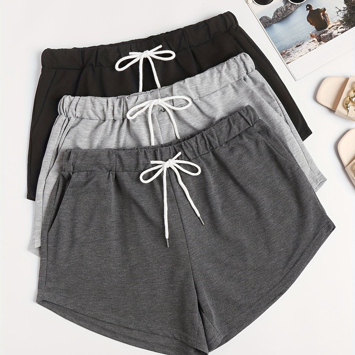 3 Pack Plus Size Basic Shorts Set Solid Plain Elastic Drawstring Shorts