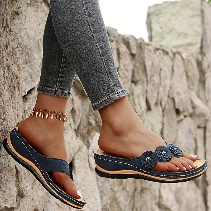Women's Flower Wedge Flip Flops Arch Support Slides