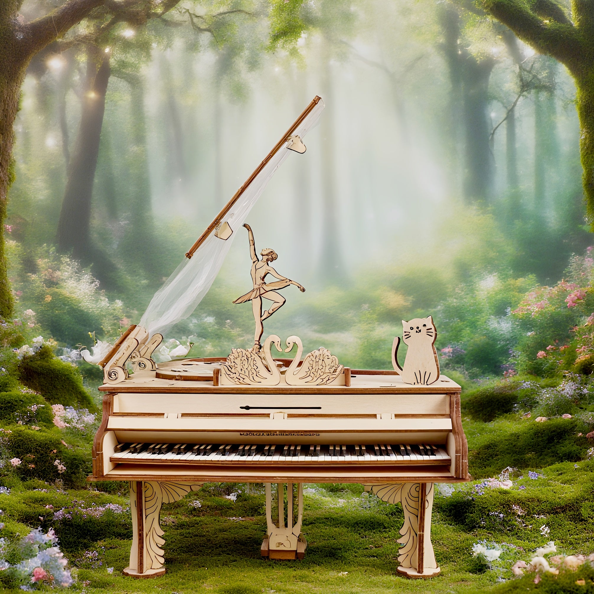 Little Girl Dancing Piano Music Box Wooden Assembly Model DIY Kit
