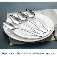 12pcs Stainless Steel Teaspoon Set - 7in Dessert Spoon, Mirror Polished