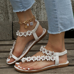 Boho Flower Decor Flat Sandals Elastic Strap Slip On Anti-skid Shoes