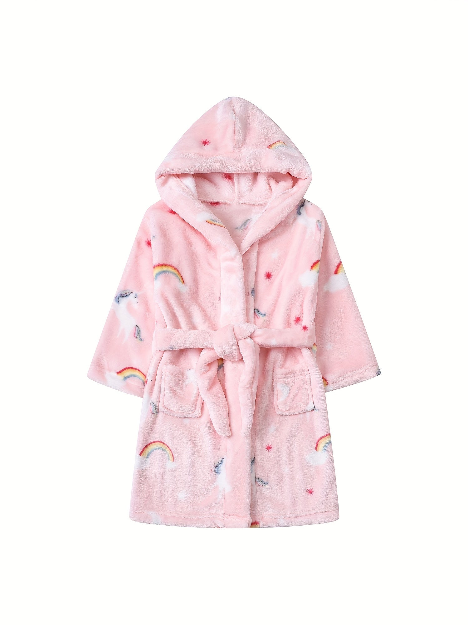 Girls Unicorn Rainbow Hooded Bathrobe Soft Warm Pockets Belt Robe Pyjamas