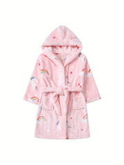 Girls Unicorn Rainbow Hooded Bathrobe Soft Warm Pockets Belt Robe Pyjamas