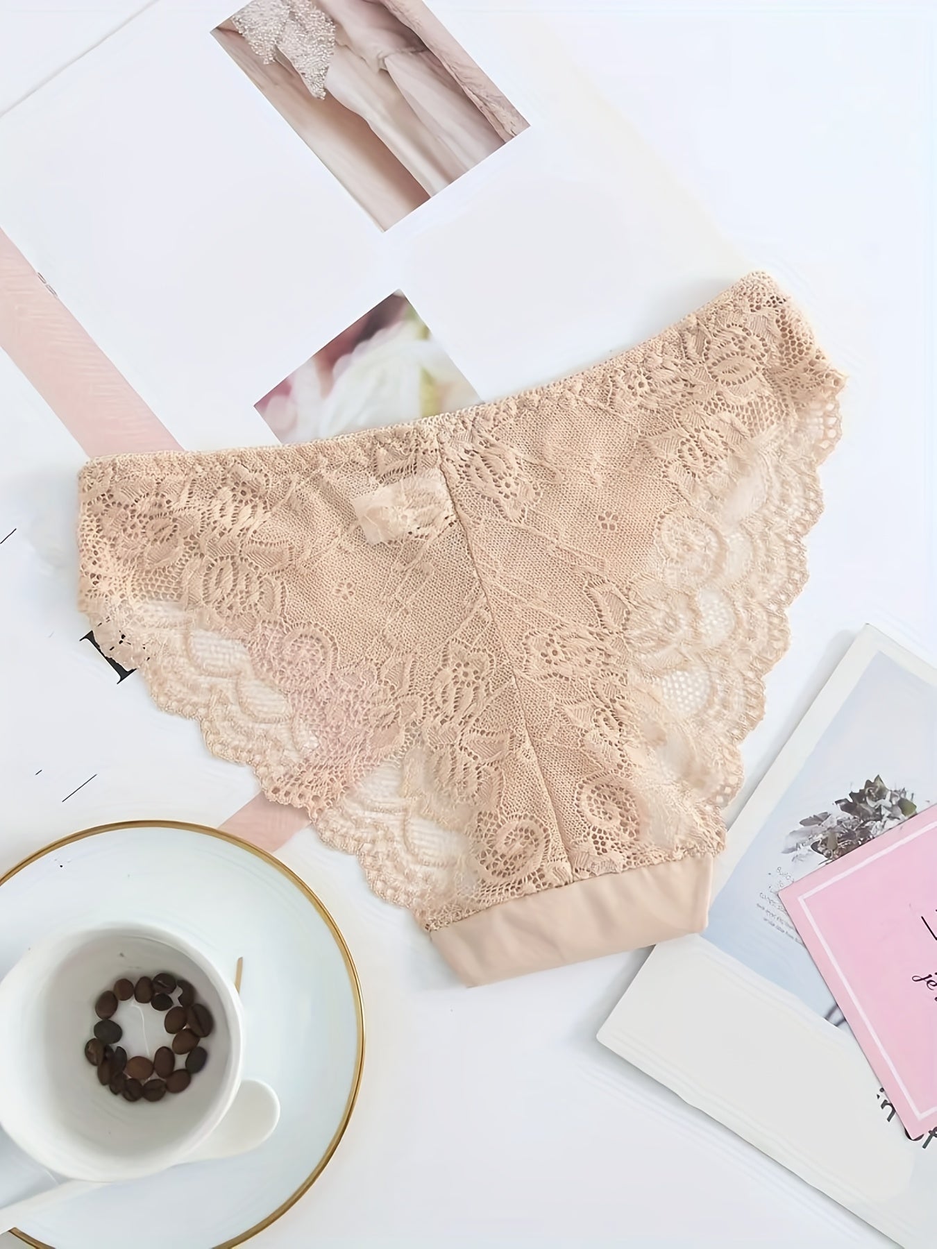6pcs Lace Briefs Scallop Trim Bow Tie Panties Women's Lingerie