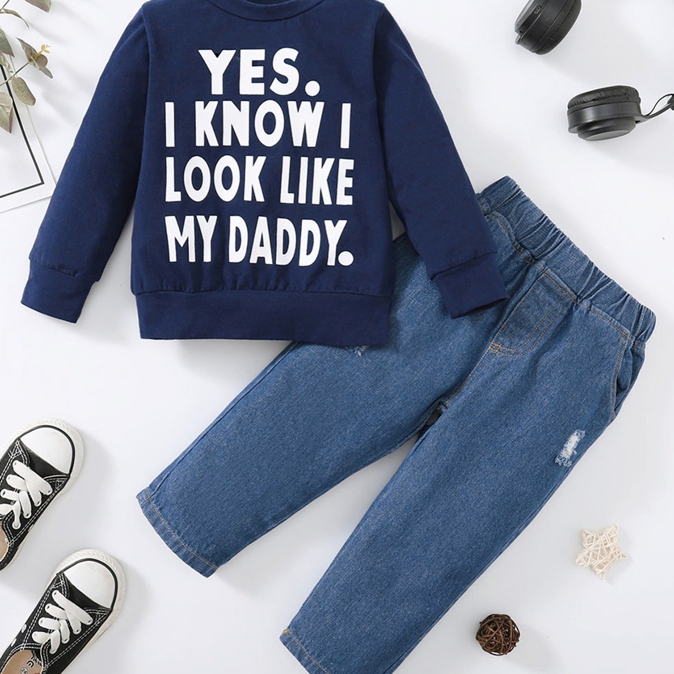 2pcs Denim Suit Long Sleeve Round Neck