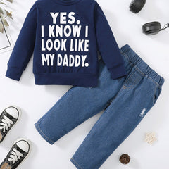 2pcs Denim Suit Long Sleeve Round Neck