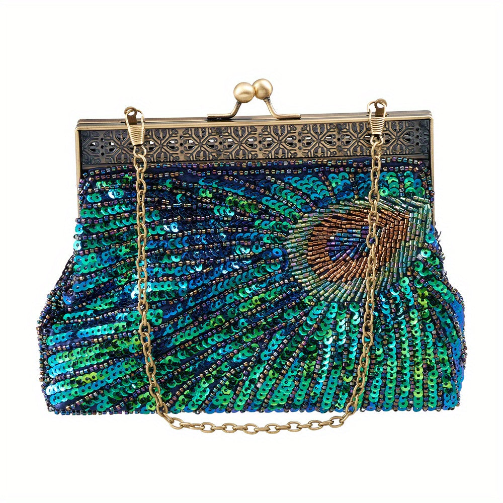Green Beaded Sequins Evening Bag Durable Handbag for Women