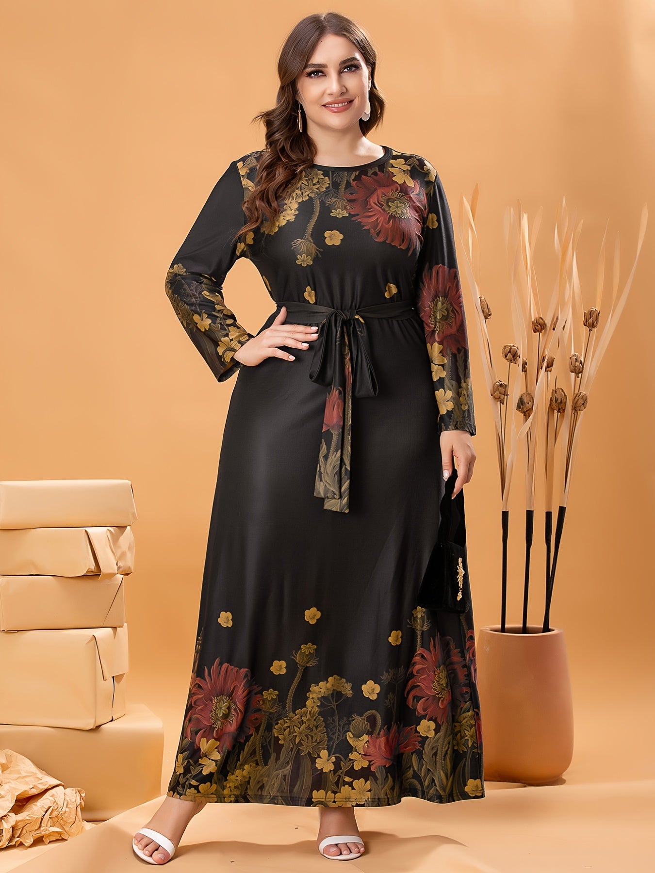 Floral Print Long Sleeve Maxi Dress With Belt