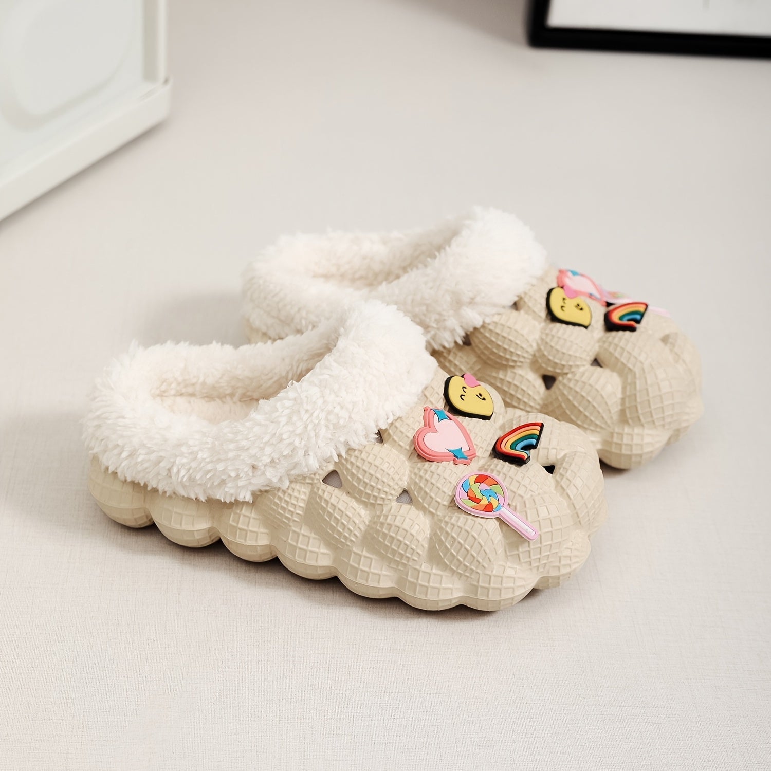 Girls' Fleece House Shoes with Cartoon Charms, Non Slip Soft Bottom