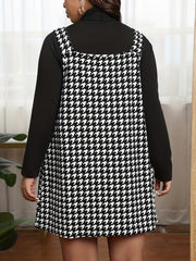 2-Piece Outfit: Solid Long Sleeve Top & Houndstooth Print Tank Dress