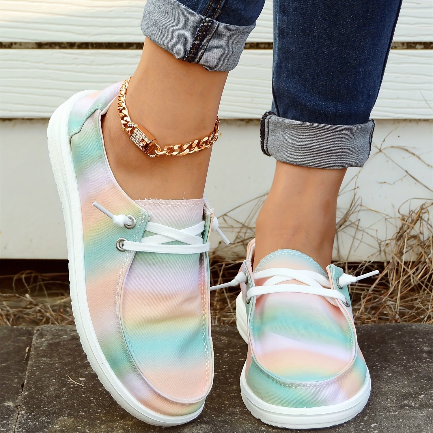 Women's Ombre Striped Boat Shoes Lace Up Canvas Comfort Casual Walking Shoes