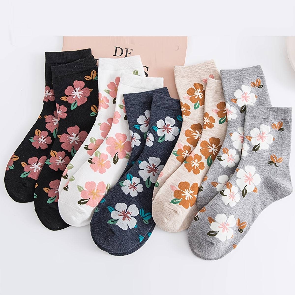 5 Pairs Womens Floral Cotton Socks Vintage Patterned Crew Socks