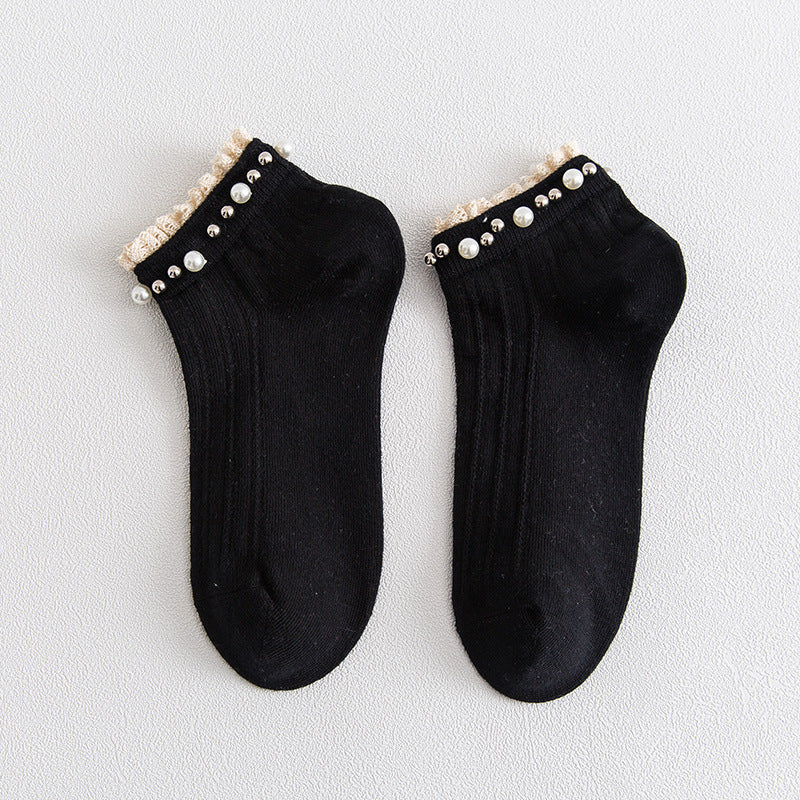 5 Pairs Women's Pearl Lace Stretch Casual Socks