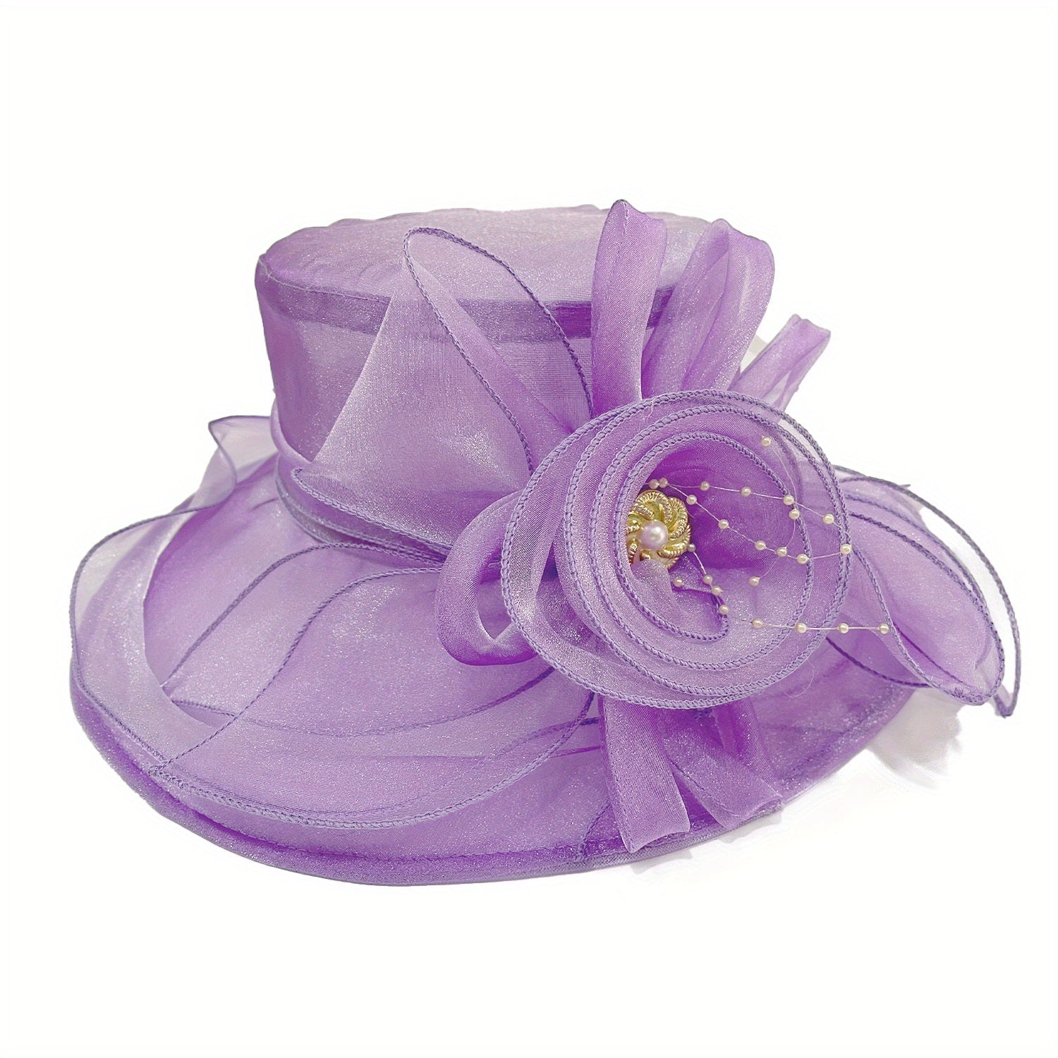 Mesh Flower Organza Sun Hat Wide Brim Derby Hat Solid Breathable Church Hat