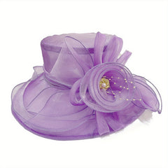 Mesh Flower Organza Sun Hat Wide Brim Derby Hat Solid Breathable Church Hat