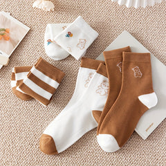 5 Pairs Bear Print & Striped Socks Women's Stockings