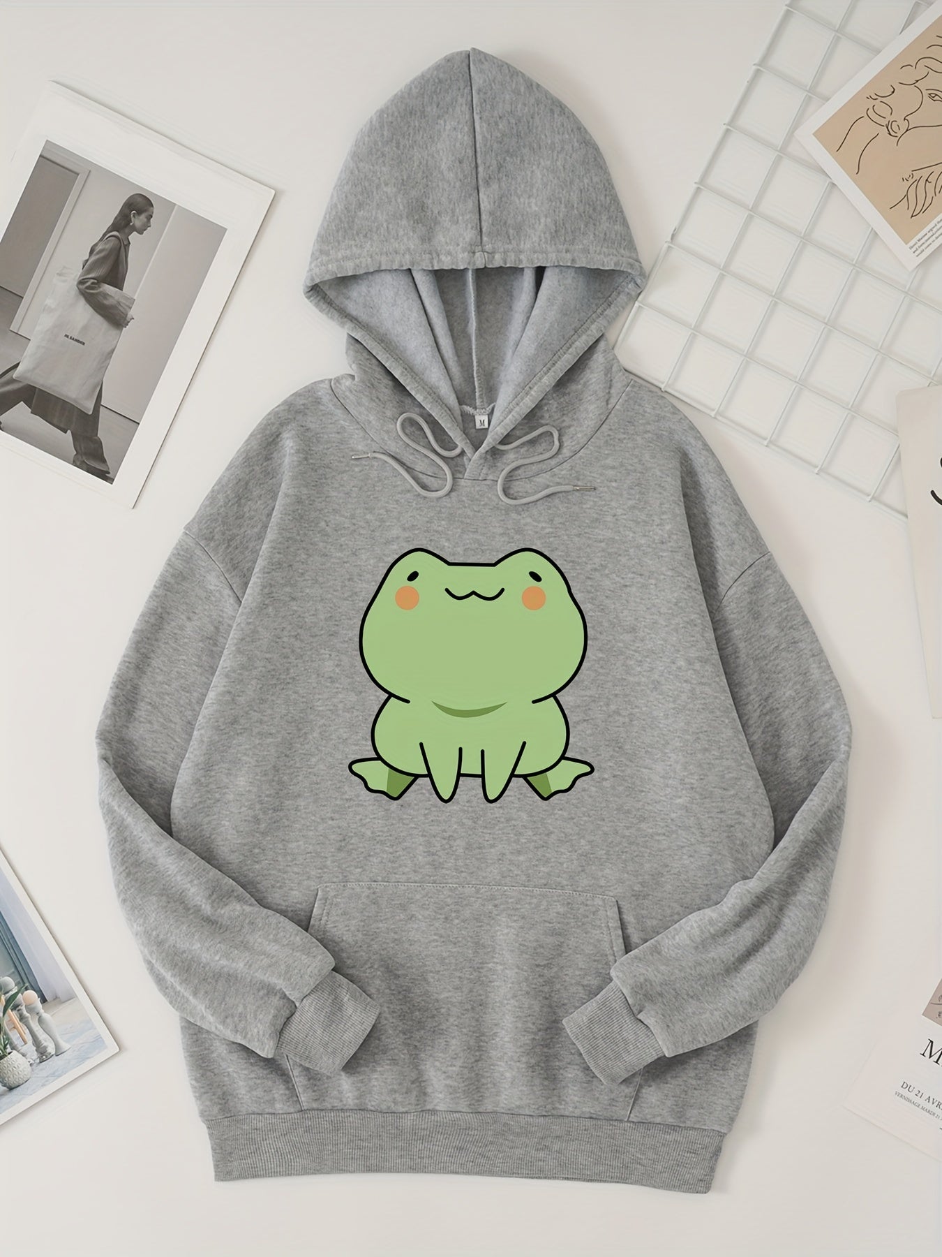 Cartoon Frog Print Hoodie Casual Sweatshirt Women's Clothing