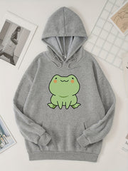 Cartoon Frog Print Hoodie Casual Sweatshirt Women's Clothing